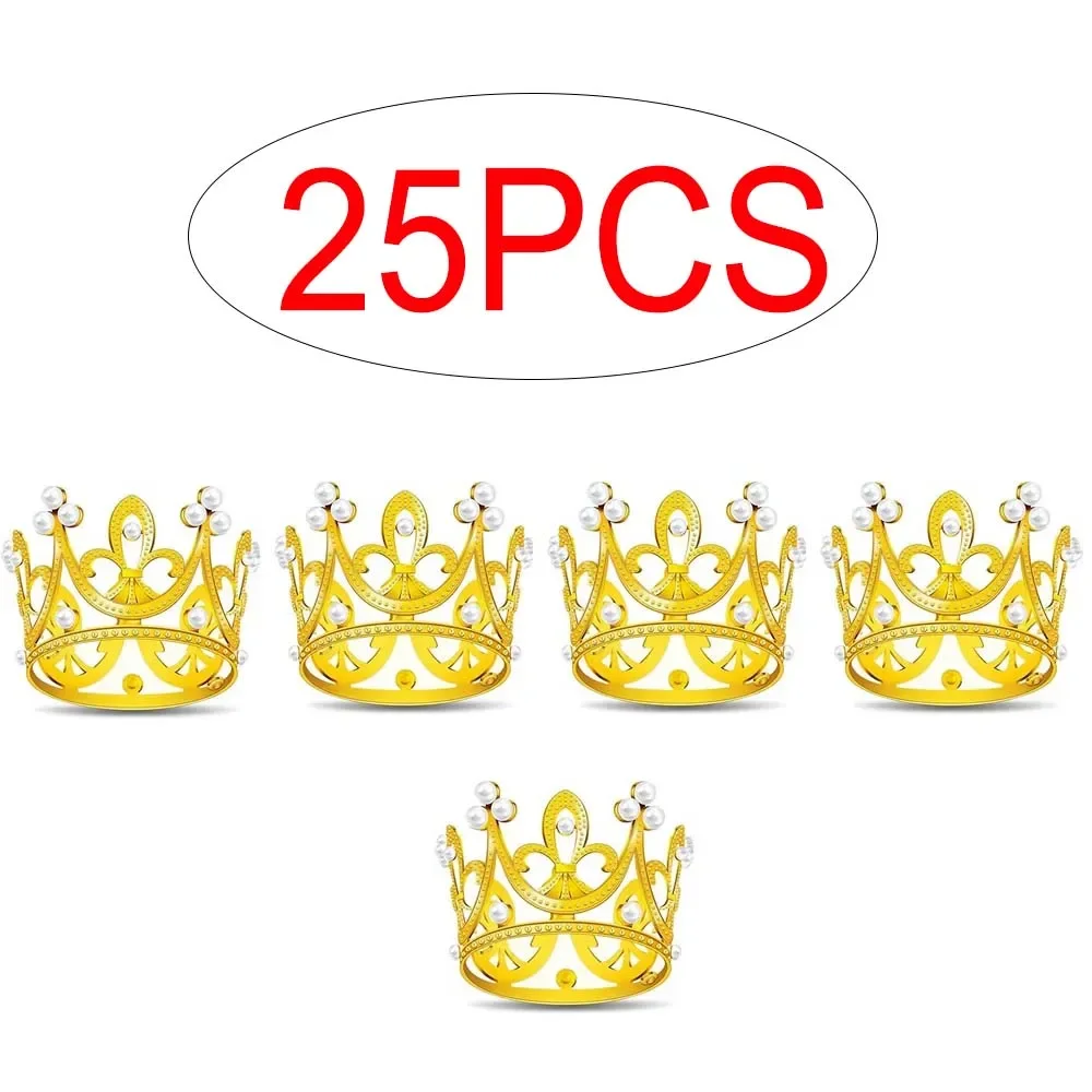 5/25Pcs Mini Golden Plastic Crowns for Craft Decoration, Cake Decor, Princess Queen Crown Party Supplies, Wedding Favor Accessories, Pearl Embellished Mini Crowns for Birthday, DIY and Event Decoration - 图片 7