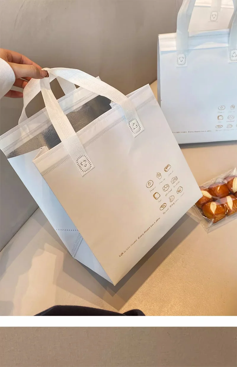 10pcs Non-Woven Insulated Tote Bags – Reusable Fabric Pouches for Cake, Bread, Drinks, and Food, Portable Thermal Carrier Keeps Hot or Cold, Ideal for Delivery, Picnic, Grocery, Work, School 7