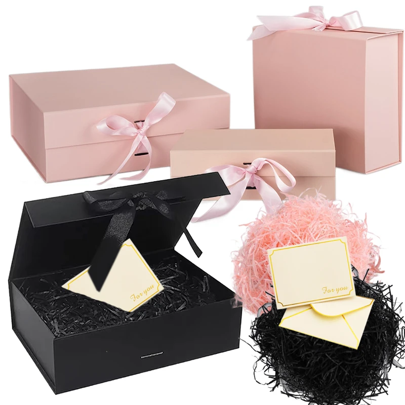 Magnetic Gift Box Kit with Lafite Grass and Greeting Cards, Black and Pink Luxury Folding Gift Box with Lid, Collapsible Paperboard Packaging for Valentine’s Day, Holiday Party, Birthday, Wedding, Anniversary