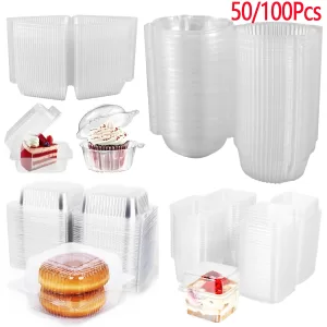50/100Pcs Clear Cake Dessert Slice Boxes with Lids, Stackable Square Cupcake Containers, Sandwich Storage Packing Boxes for Bakery, Party, Wedding, Birthday Dessert Display and Takeaway Supplies
