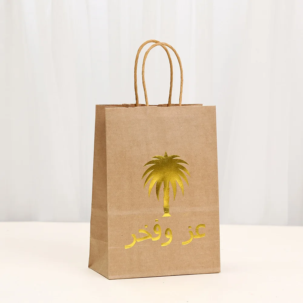 Ramadan Eid Arabic Kraft Paper Gift Wrapping Bags with Gold Foil Palm Design – 12/30pcs Recyclable Paper Bags with Handles for Sweets, Candy, Treats, Dates, Wedding & Festival Party Favors Packaging - 图片 2