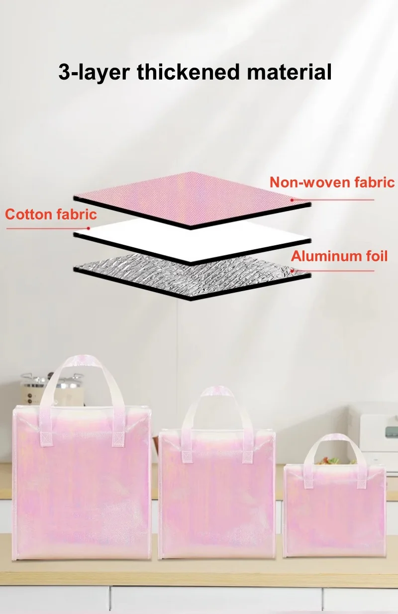 5pcs Laser Color Non-Woven Insulated Tote Bags – Portable Reusable Fabric Pouches for Cake, Food, Drinks, and Snacks, Thermal Carrier Keeps Hot or Cold, Perfect for Delivery, Picnic, Grocery, Work, School 3