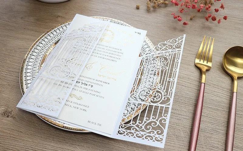 50PCS Laser Cut Wedding Gate Invitations – Elegant Pink and Gold Engagement Greeting Cards with Customizable Printing, Perfect for Bridal Shower, Anniversary, Birthday, Banquet, and Party Supplies