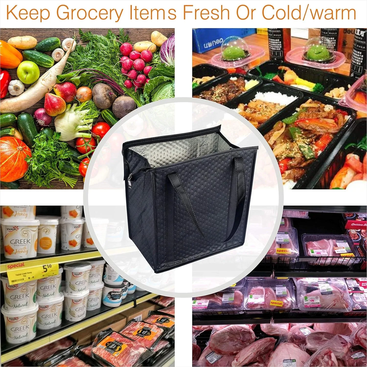 1 Large Insulated Shopping Bag Reusable Cooler Tote with Handle and Zipper Closure, Thermal Food Carrier for Hot and Cold Meals, Grocery Shopping, Picnic, Travel, and Outdoor Use 2