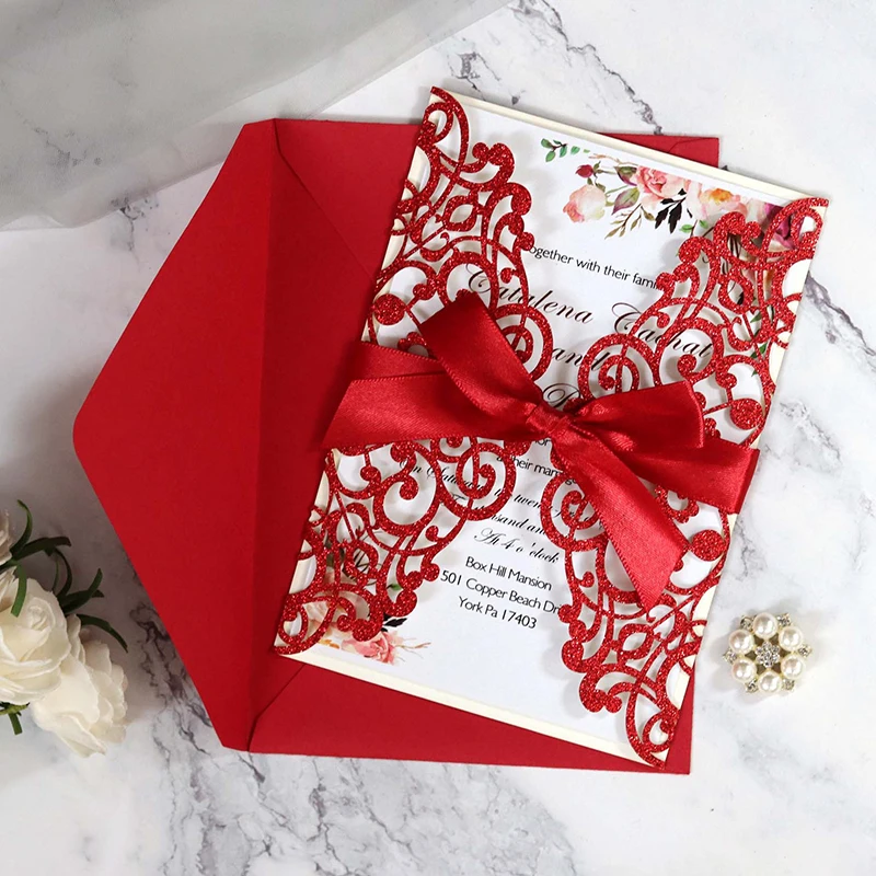 10PCS Laser Cut Blue Glitter Wedding Invitations with Ribbon – Elegant Gold Glitter Greeting Cards for XV Birthday, Bridal Shower, Engagement, Anniversary, or Party Decoration Supplies - 图片 5