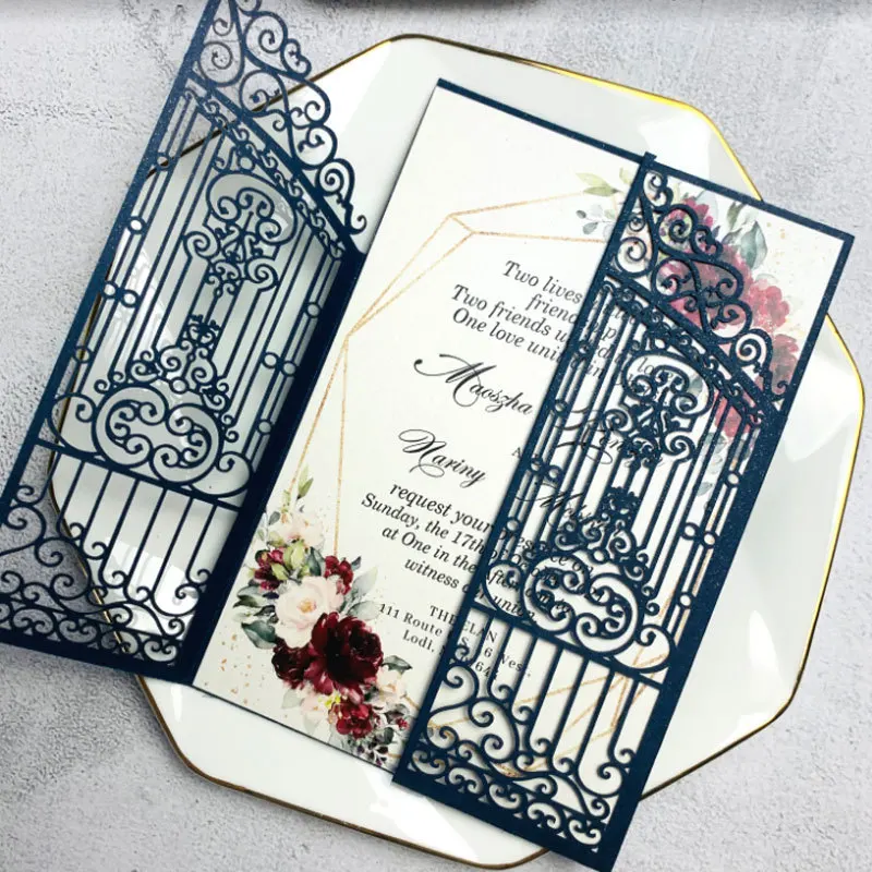50PCS Laser Cut Wedding Gate Invitations – Elegant Pink and Gold Engagement Greeting Cards with Customizable Printing, Perfect for Bridal Shower, Anniversary, Birthday, Banquet, and Party Supplies - 图片 2