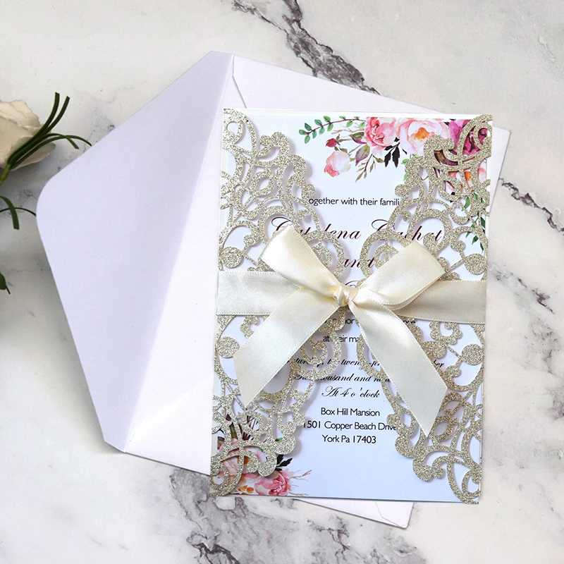 10PCS Laser Cut Blue Glitter Wedding Invitations with Ribbon – Elegant Gold Glitter Greeting Cards for XV Birthday, Bridal Shower, Engagement, Anniversary, or Party Decoration Supplies