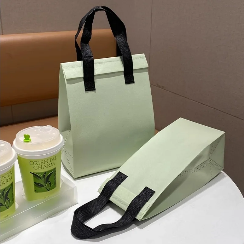 10pcs Green Non-Woven Insulated Tote Bags – Portable Reusable Meal Carrier Pouches for Lunch, Snacks, Drinks, Grocery, Delivery, Picnic, Hot or Cold Food Storage for Work, School, Travel - 图片 2