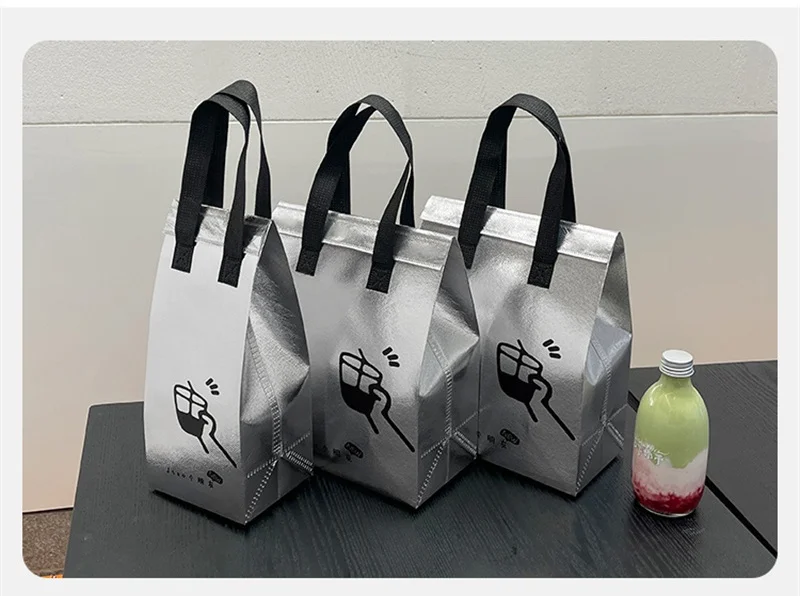 10pcs Silver Non-Woven Insulated Tote Bags, Reusable Fabric Pouches for Bread, Drinks, Food, Lunch, Grocery, Delivery, Picnic, Thermal Storage, Keep Warm or Cold, Eco-Friendly Durable Carrier 3