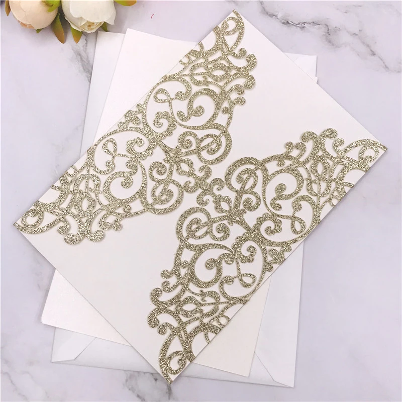 10PCS Laser Cut Blue Glitter Wedding Invitations with Ribbon – Elegant Gold Glitter Greeting Cards for XV Birthday, Bridal Shower, Engagement, Anniversary, or Party Decoration Supplies
