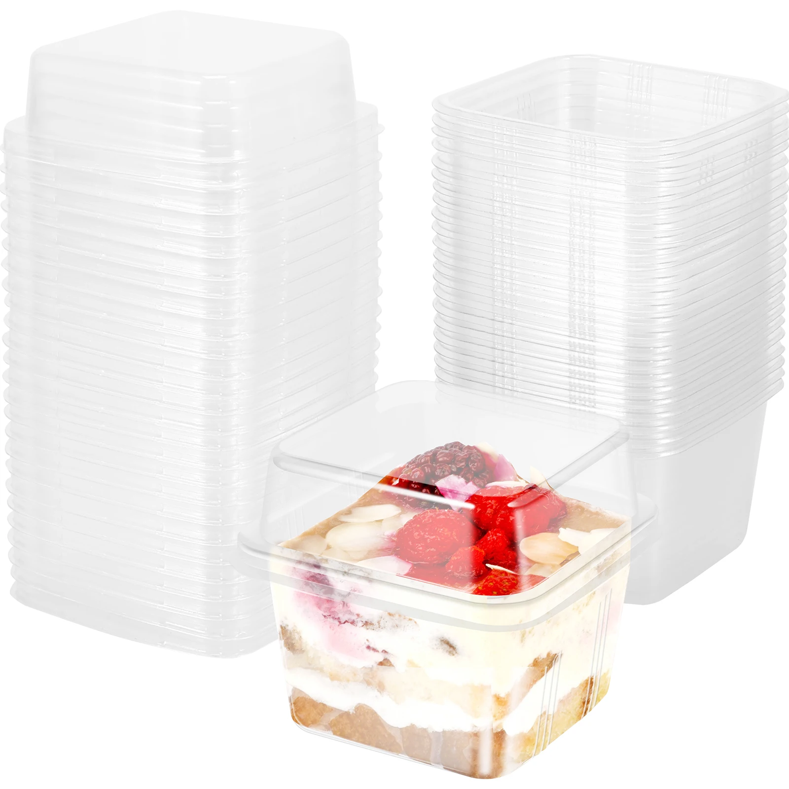 50Pcs Plastic Dessert Cups with Lids 8oz Reusable Cupcake Containers Clear Square Single Dessert Boxes Sealed Cake Storage Boxes for Party Wedding Baking Supplies - 图片 3