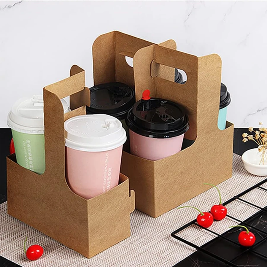 10/20Pcs Kraft Paper Take Out Bags for Flower Coffee Drinks with 2 Cup Holders, Two-in-One Assembly Converts to 4 Cup Holders, INS Popular Beverage Carrying Bags for Party Café Event Accessories - 图片 4