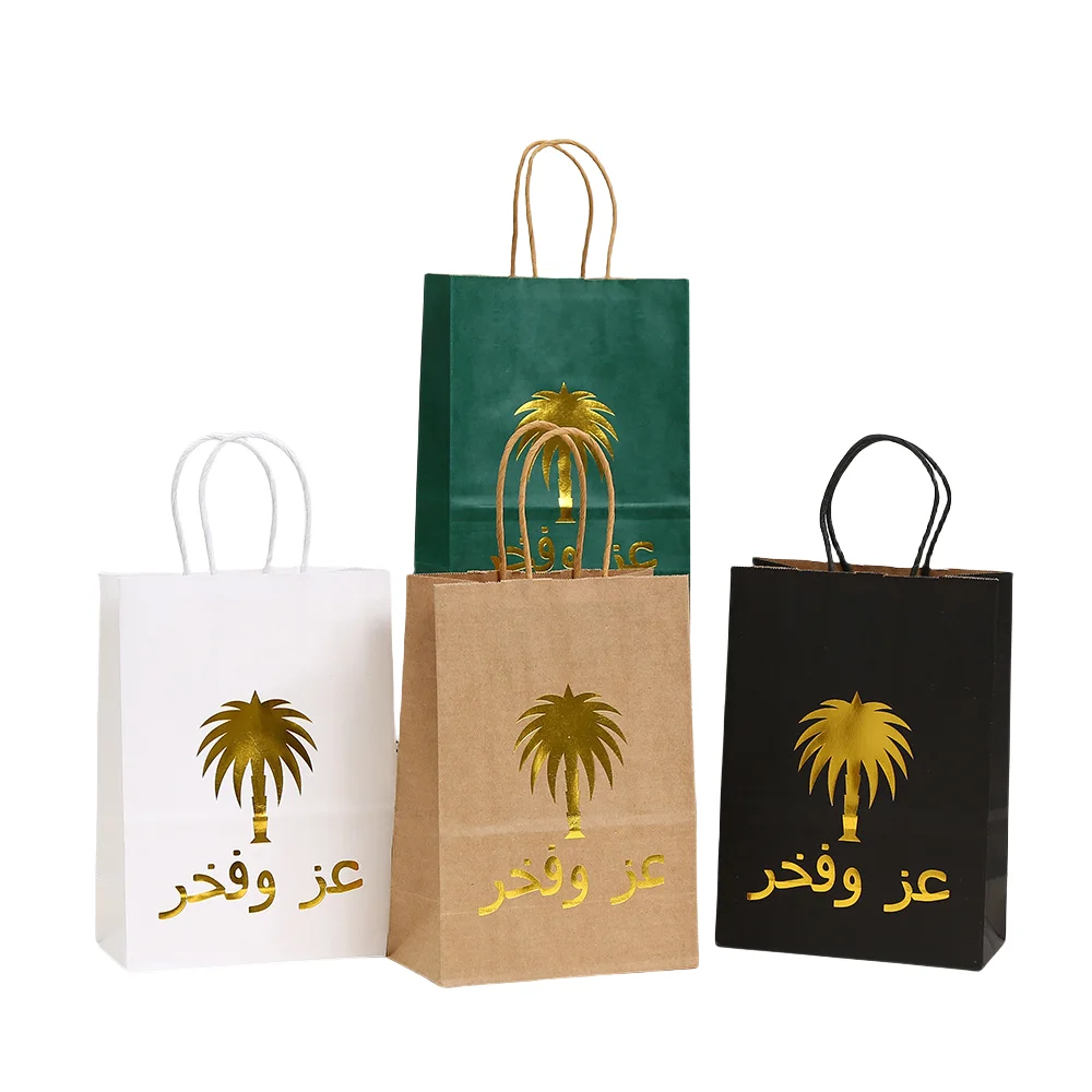Ramadan Eid Arabic Kraft Paper Gift Wrapping Bags with Gold Foil Palm Design – 12/30pcs Recyclable Paper Bags with Handles for Sweets, Candy, Treats, Dates, Wedding & Festival Party Favors Packaging - 图片 6