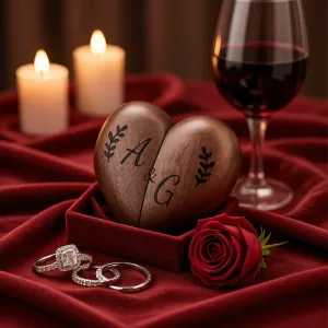 Handmade Heart-Shaped Wooden Ring Box with Velvet Interior and Custom Engraving – Romantic Jewelry Packaging Case for Proposal, Engagement, Wedding Day Gift, and Keepsake Presentation