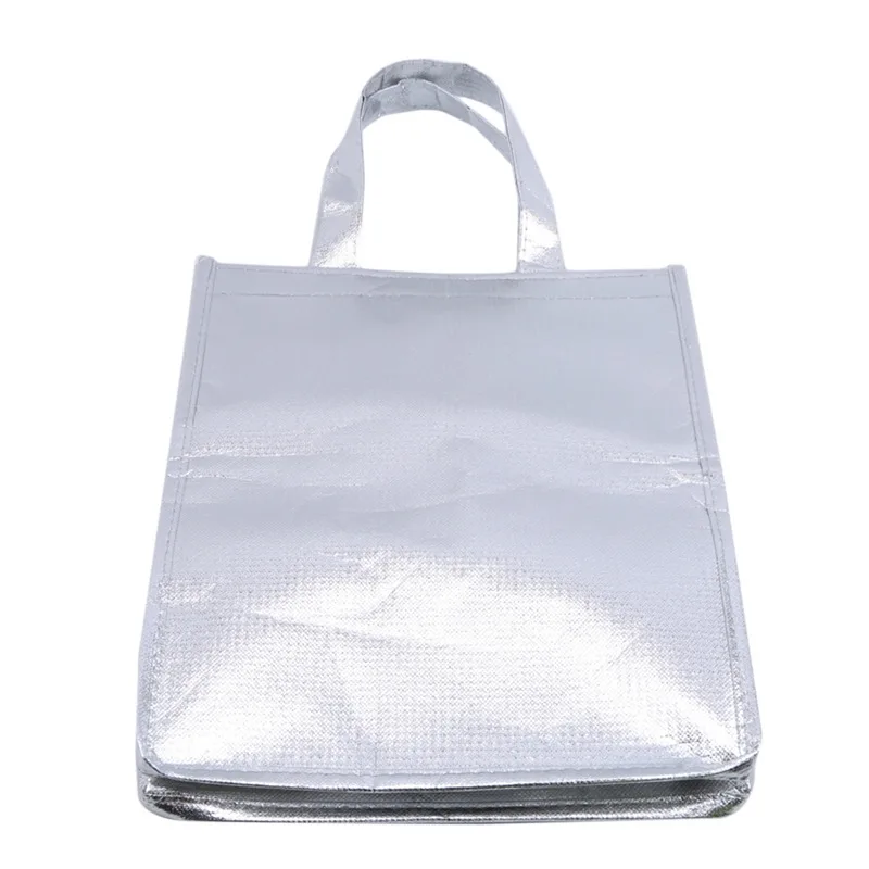 1Pc Silver Thermal Insulated Lunch Bag – Large Square Foil Cooler Tote for Cake, Sandwiches, Coffee, Drinks, and Fresh Food Storage, Reusable Refrigerated Picnic Delivery Bag