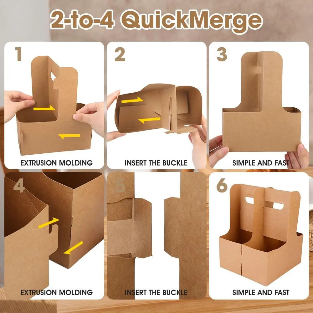 Drink Holder with Handle Paper Cup Holder Coffee Drink Holder Tray Disposable Takeaway Cardboard Beverage Carrier for Hot and Cold Drinks Portable Cup Tray for Party Café Event