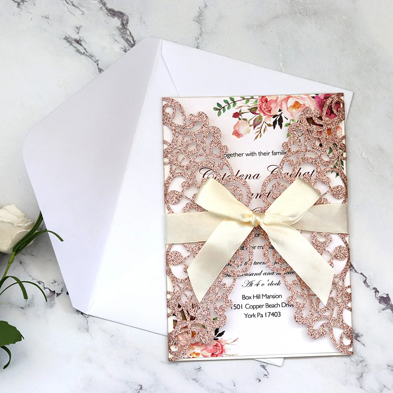 10PCS Laser Cut Blue Glitter Wedding Invitations with Ribbon – Elegant Gold Glitter Greeting Cards for XV Birthday, Bridal Shower, Engagement, Anniversary, or Party Decoration Supplies