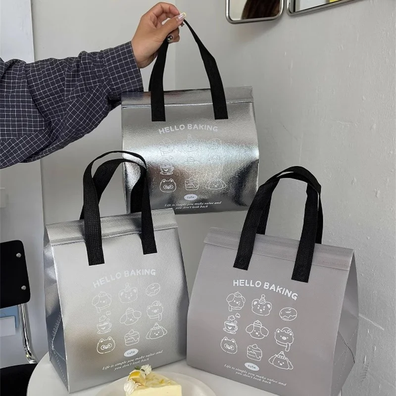 10pcs Grey/Silver Non-Woven Insulated Tote Bags – Portable Reusable Fabric Pouches for Food, Snacks, and Beverages, Thermal Carrier Keeps Hot or Cold, Perfect for Delivery, Picnic, Grocery, Work, School - 图片 4