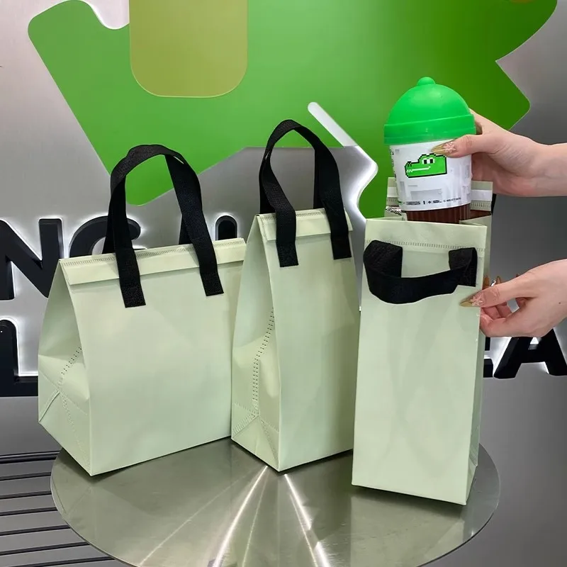 10pcs Green Non-Woven Insulated Tote Bags – Portable Reusable Meal Carrier Pouches for Lunch, Snacks, Drinks, Grocery, Delivery, Picnic, Hot or Cold Food Storage for Work, School, Travel 13