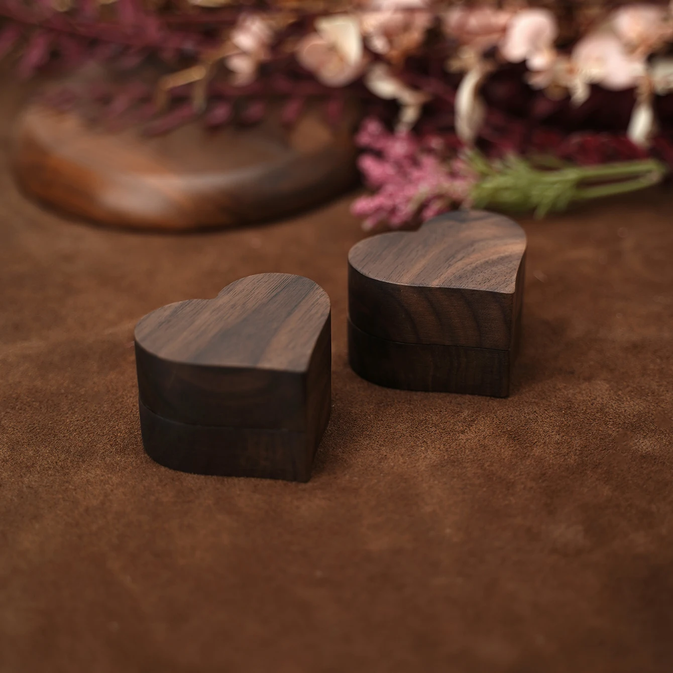 Vintage Walnut Heart-Shaped Wooden Jewelry Ring Box Magnetic Organizer with Drawer Velvet Interior Rustic Wedding Engagement Gift Packaging Storage Case for Rings and Accessories 3