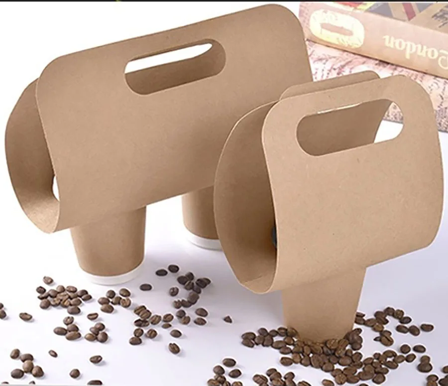 50/100Pcs Kraft Paper Cup Holders Portable Beverage Coffee Tea Milk Mug Base Handle Holders Takeaway Drink Packaging 80mm Disposable Eco-Friendly Cup Carrier Accessories