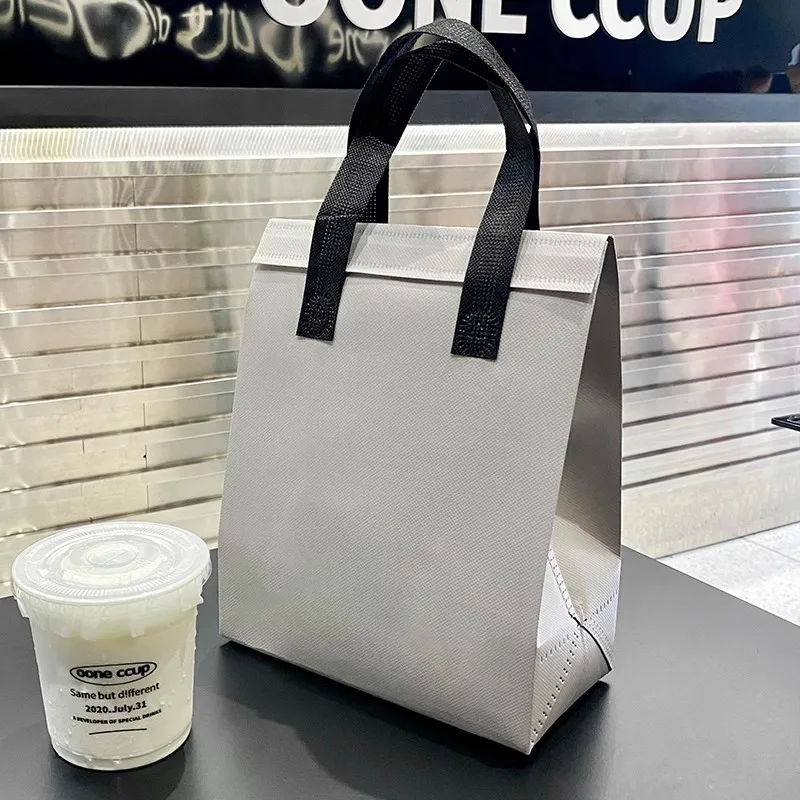 10pcs Grey Non-Woven Insulated Tote Bags – Portable Reusable Fabric Pouches for Food, Drinks, Snacks, and Meals, Thermal Carrier Keeps Hot or Cold, Ideal for Delivery, Picnic, Grocery, Work, School 11