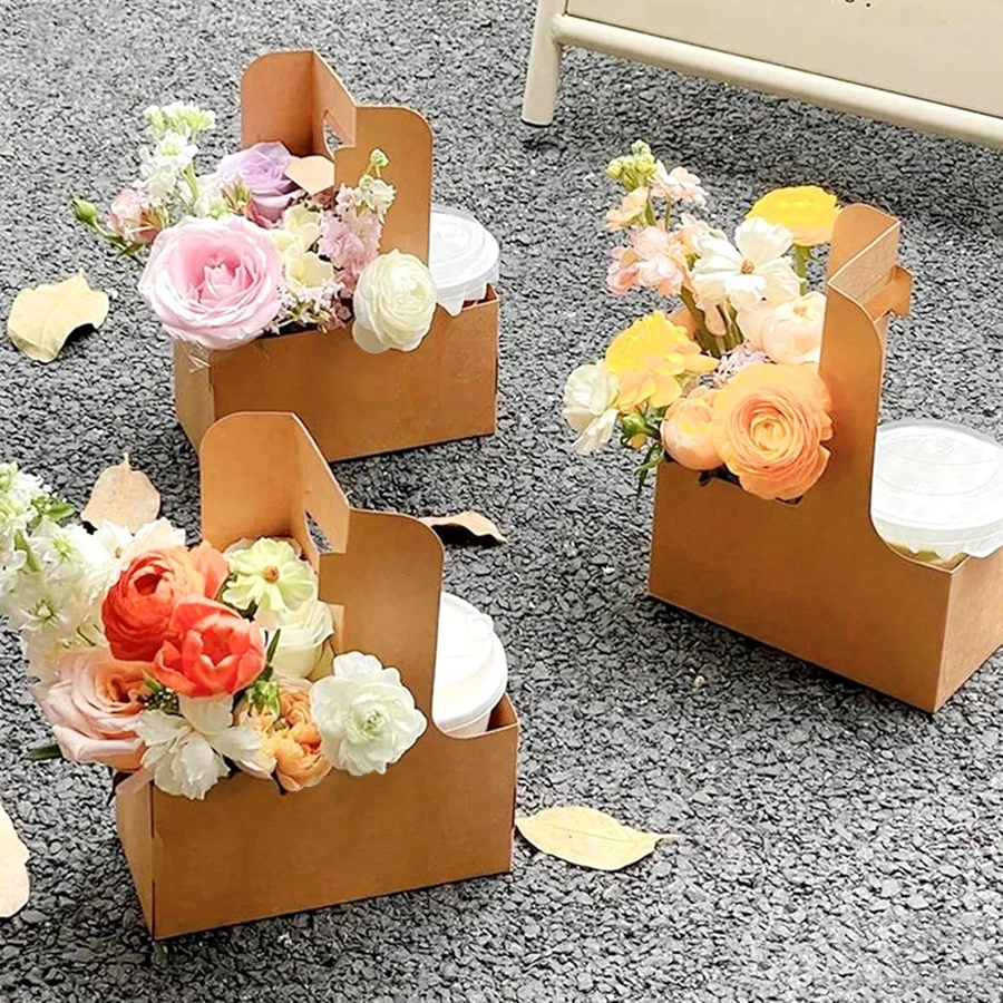 10/20Pcs Kraft Paper Take Out Bags for Flower Coffee Drinks with 2 Cup Holders, Two-in-One Assembly Converts to 4 Cup Holders, INS Popular Beverage Carrying Bags for Party Café Event Accessories - 图片 2