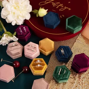 Vintage Hexagon Velvet Jewelry Box – Double Ring Holder, Elegant Empty Case for Engagement, Wedding Ceremony, Valentine's Day Gift Organizer, Luxurious Ring Display Case