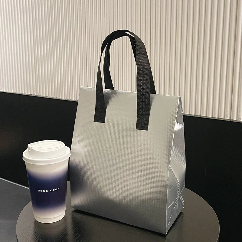 10pcs Grey/Silver Non-Woven Insulated Tote Bags – Portable Reusable Fabric Pouches for Food, Snacks, and Beverages, Thermal Carrier Keeps Hot or Cold, Perfect for Delivery, Picnic, Grocery, Work, School - 图片 10