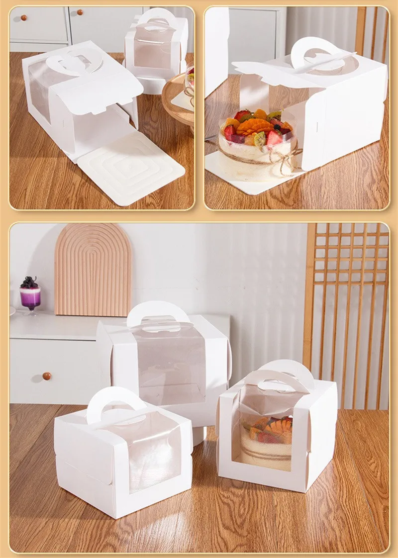 5Pcs White Paper Cake Boxes with Clear Window, Portable 3/4/6/8/10 Inch Dessert Packaging Containers for Birthday Wedding Party DIY Cake Presentation Supplies