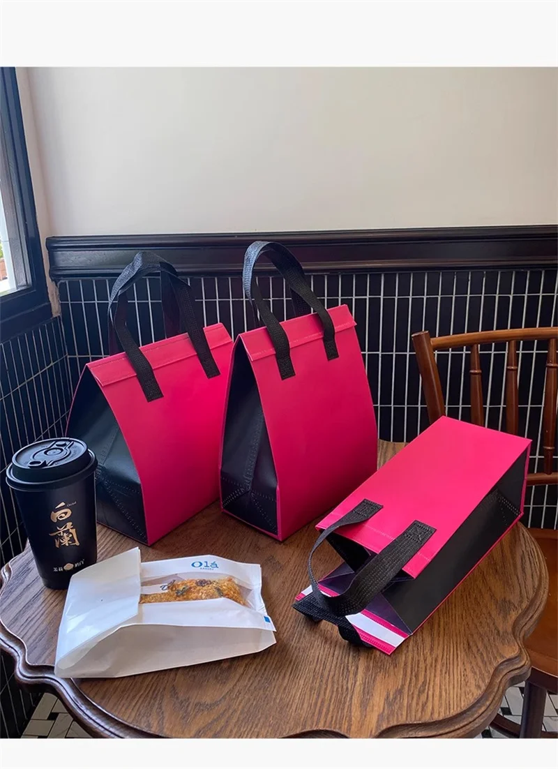 10pcs Pink Non-Woven Insulated Tote Bags – Reusable Fabric Pouches for Food, Drinks, Lunch, Grocery, Delivery, Picnic, Keep Warm or Cold, Portable Thermal Storage Carrier for Work, School, Travel 15