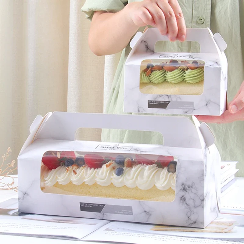 10/20 Sets White Handheld Transparent Cake Boxes, Paper & PET Long Fold Drawer Cake Roll, Dim Sum, Mousse Cake Packaging Box, Gift Packaging for Desserts and Pastries - 图片 2
