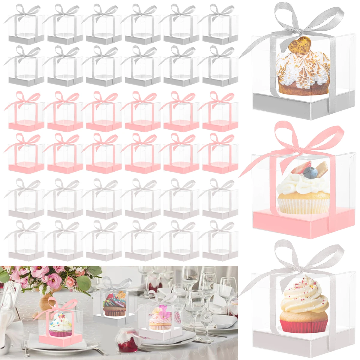 12Pcs Clear Plastic Cupcake Boxes with Ribbon, Single Cupcake Containers with Inserts, Disposable Individual Cupcake Carrier Holders for Birthday, Wedding, Baby Shower, Holiday Desserts, Party Favors and Bakery Use 4