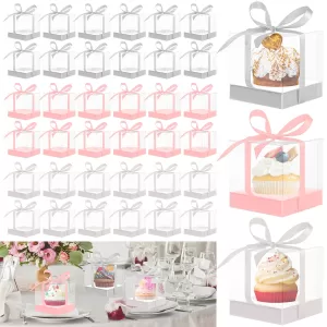 12Pcs Clear Plastic Cupcake Boxes with Ribbon, Single Cupcake Containers with Inserts, Disposable Individual Cupcake Carrier Holders for Birthday, Wedding, Baby Shower, Holiday Desserts, Party Favors and Bakery Use