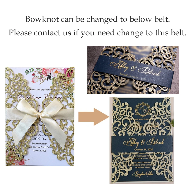 10PCS Laser Cut Blue Glitter Wedding Invitations with Ribbon – Elegant Gold Glitter Greeting Cards for XV Birthday, Bridal Shower, Engagement, Anniversary, or Party Decoration Supplies - 图片 6