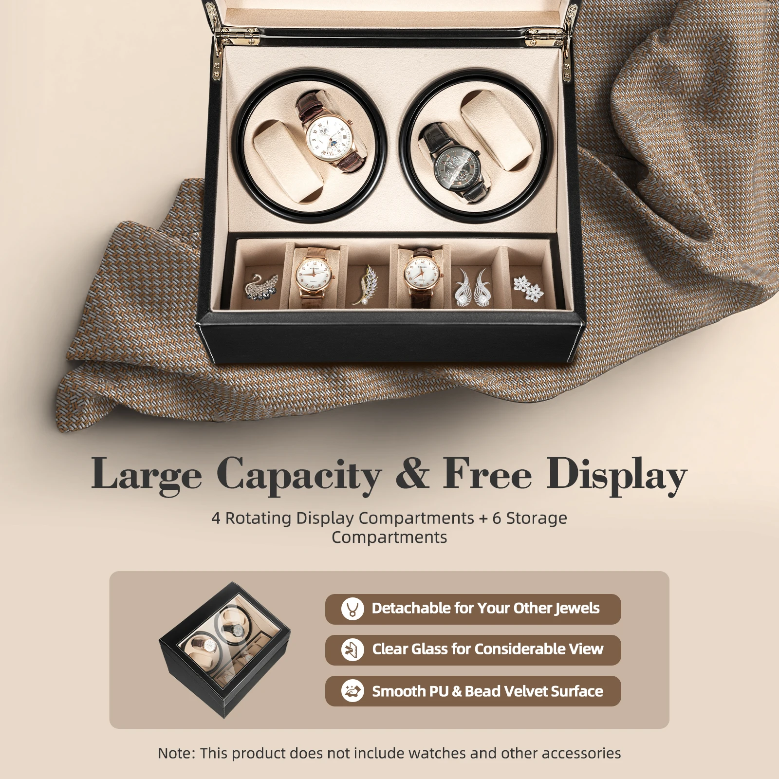 4+6 Automatic Watch Winder with PU Leather Case, Mechanical Wristwatch Shaker and Storage Box, Luxury Jewelry Display Organizer for Men and Women, Protective Watch Storage Case for Travel and Home 6