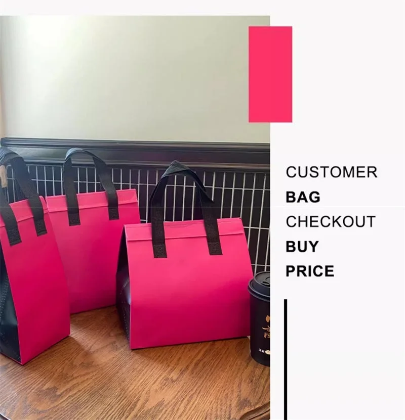 10pcs Pink Non-Woven Insulated Tote Bags – Reusable Fabric Pouches for Food, Drinks, Lunch, Grocery, Delivery, Picnic, Keep Warm or Cold, Portable Thermal Storage Carrier for Work, School, Travel 12