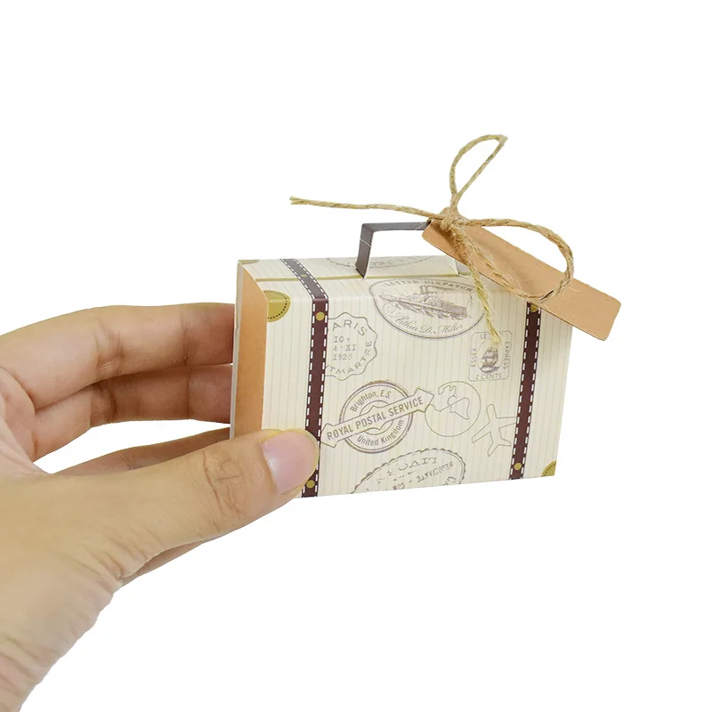 10P Mini Suitcase Candy Boxes with Rope Travel Theme Stamp Decor Kraft Paper Drawable Boxes for Wedding Birthday Gift Packaging DIY Party Favor Travel-Themed Supplies