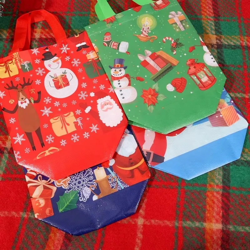 2Pcs Dark Blue Christmas Gift Bags | Cartoon Santa Elk Printed Non-Woven Handbags | Foldable High-Capacity Storage Bags for Holiday Party Gift Packaging 3