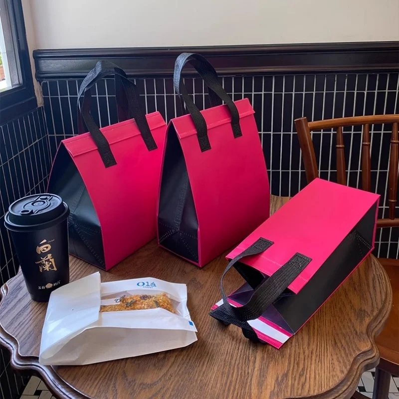 10pcs Pink Non-Woven Insulated Tote Bags – Reusable Fabric Pouches for Food, Drinks, Lunch, Grocery, Delivery, Picnic, Keep Warm or Cold, Portable Thermal Storage Carrier for Work, School, Travel - 图片 5
