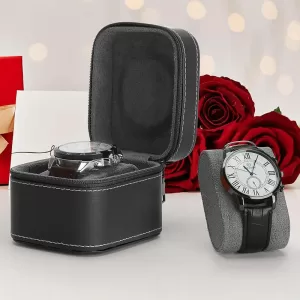Travel Watch Case ⌚ Single Watch Case – Leather Watch Travel Case with Removable Cushion – Portable Square Jewelry Storage Organizer Box for Wristwatch and Smartwatch Protection