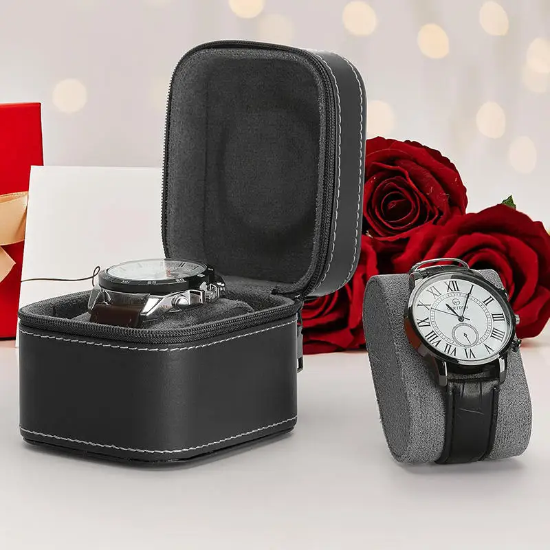 Travel Watch Case ⌚ Single Watch Case – Leather Watch Travel Case with Removable Cushion – Portable Square Jewelry Storage Organizer Box for Wristwatch and Smartwatch Protection
