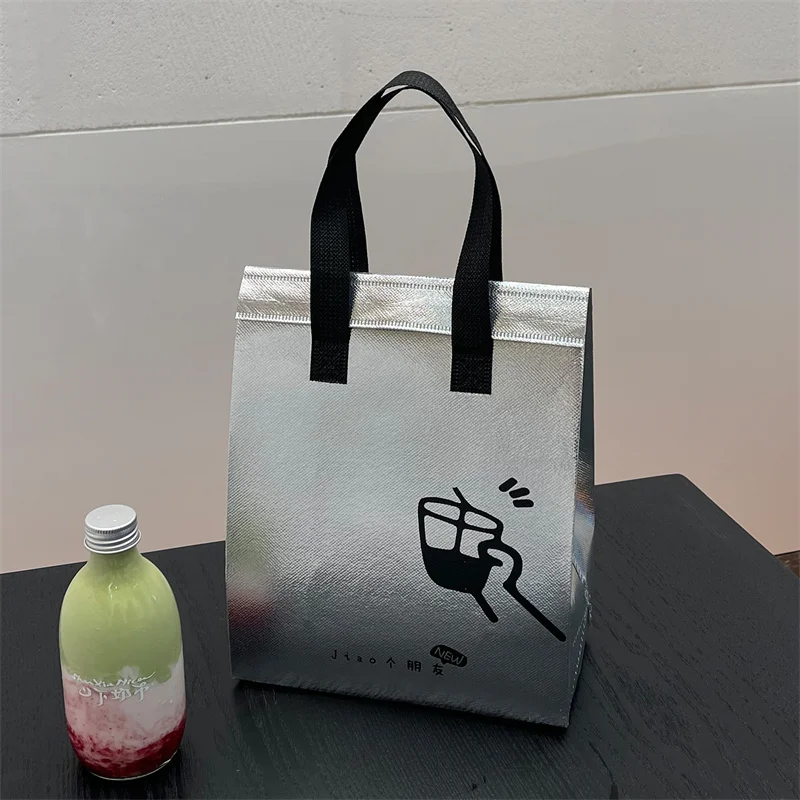 10pcs Silver Non-Woven Insulated Tote Bags, Reusable Fabric Pouches for Bread, Drinks, Food, Lunch, Grocery, Delivery, Picnic, Thermal Storage, Keep Warm or Cold, Eco-Friendly Durable Carrier - 图片 4