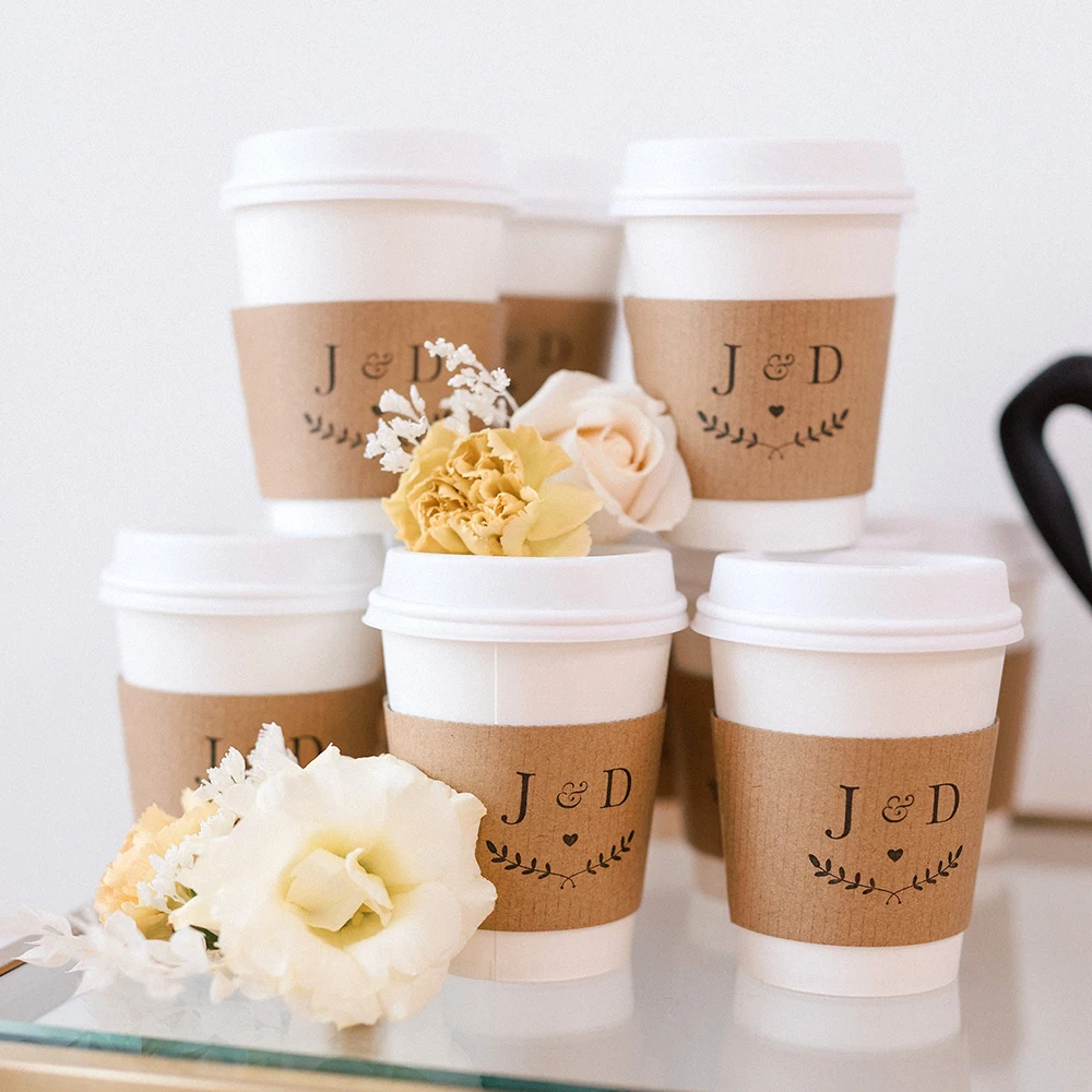 Personalized Disposable Ice Coffee Cup Sleeves Wedding Party Heat-Insulated Cup Holders Bar Reception Corrugated Paper Cup Covers for Hot and Cold Drinks DIY Beverage Accessories