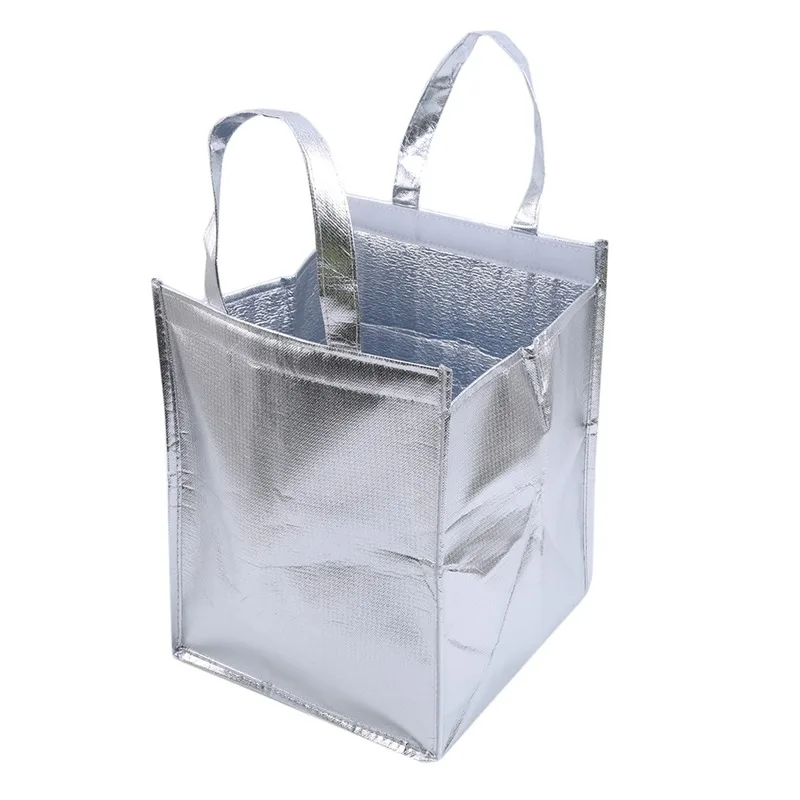 1Pc Silver Insulated Thermal Cooler Bag – Large Square Aluminum Foil Lunch Tote for Cakes, Sandwiches, Drinks, Coffee, and Fresh Food Storage, Portable Reusable Cooler Bag for Office, Picnic, and Delivery 1