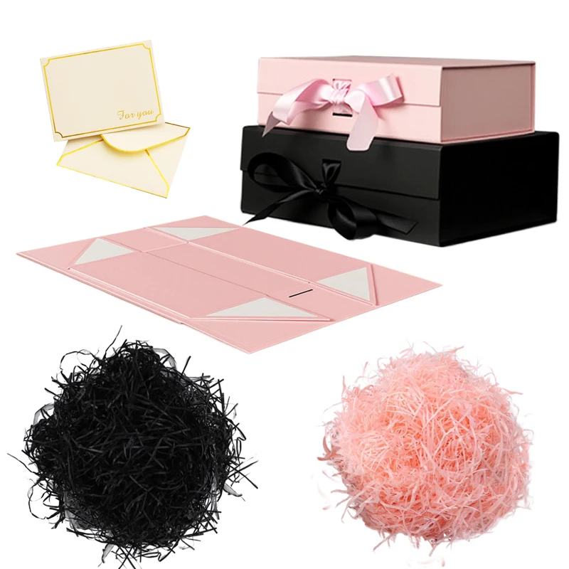 Magnetic Gift Box Kit with Lafite Grass and Greeting Cards, Black and Pink Luxury Folding Gift Box with Lid, Collapsible Paperboard Packaging for Valentine’s Day, Holiday Party, Birthday, Wedding, Anniversary - 图片 5