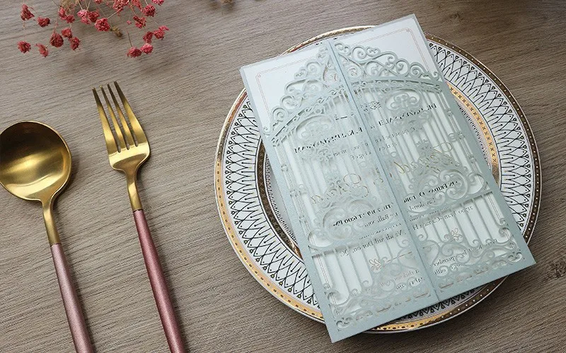 50PCS Laser Cut Wedding Gate Invitations – Elegant Pink and Gold Engagement Greeting Cards with Customizable Printing, Perfect for Bridal Shower, Anniversary, Birthday, Banquet, and Party Supplies