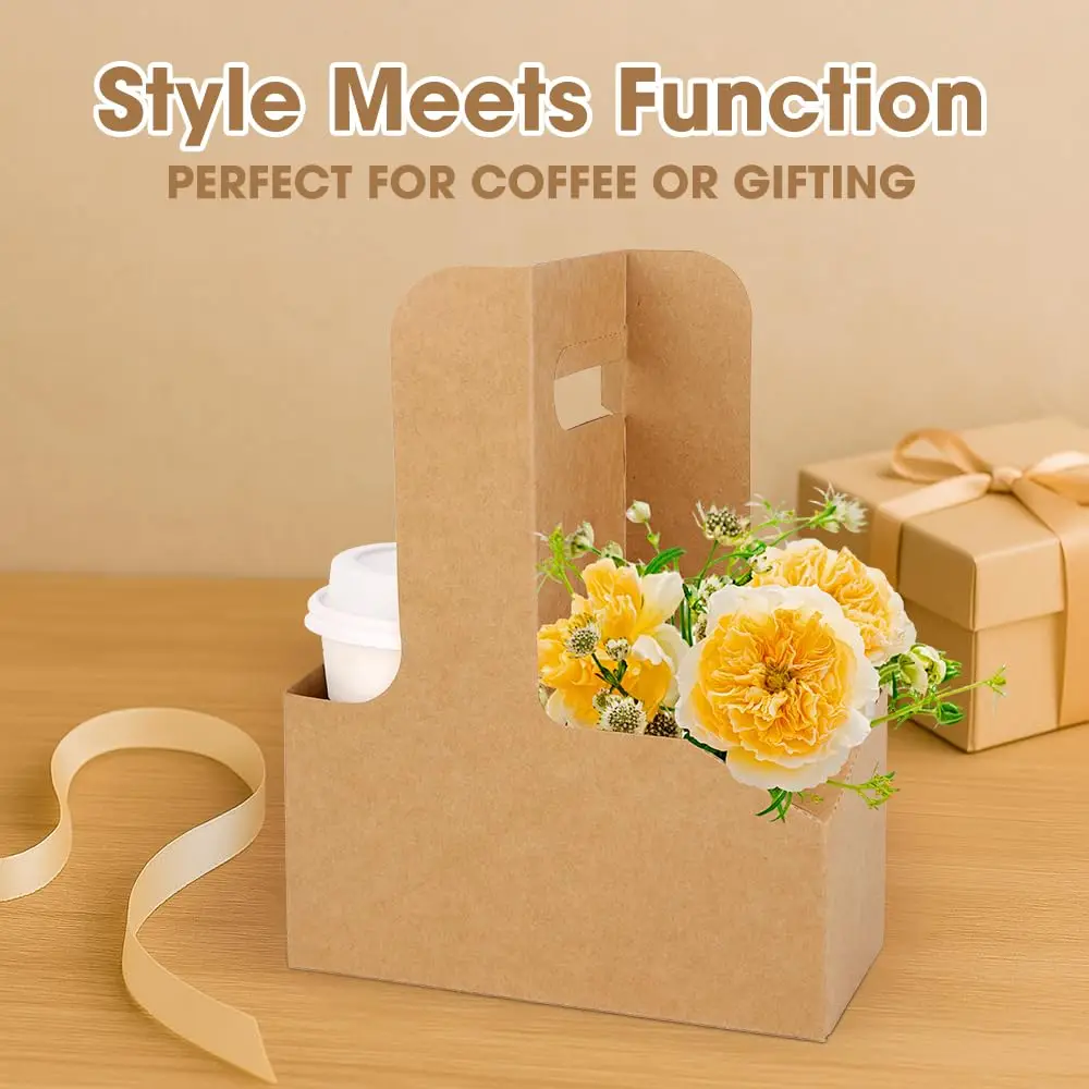 Drink Holder with Handle Paper Cup Holder Coffee Drink Holder Tray Disposable Takeaway Cardboard Beverage Carrier for Hot and Cold Drinks Portable Cup Tray for Party Café Event