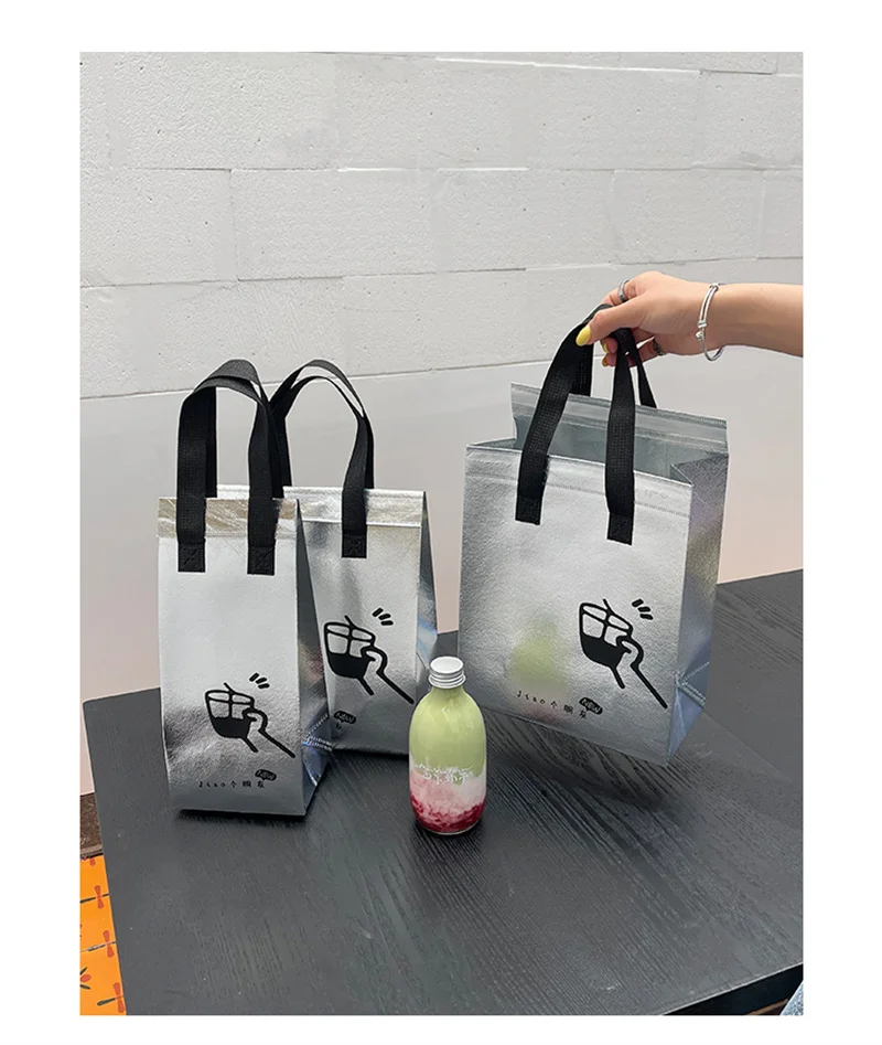 10pcs Silver Non-Woven Insulated Tote Bags, Reusable Fabric Pouches for Bread, Drinks, Food, Lunch, Grocery, Delivery, Picnic, Thermal Storage, Keep Warm or Cold, Eco-Friendly Durable Carrier 10