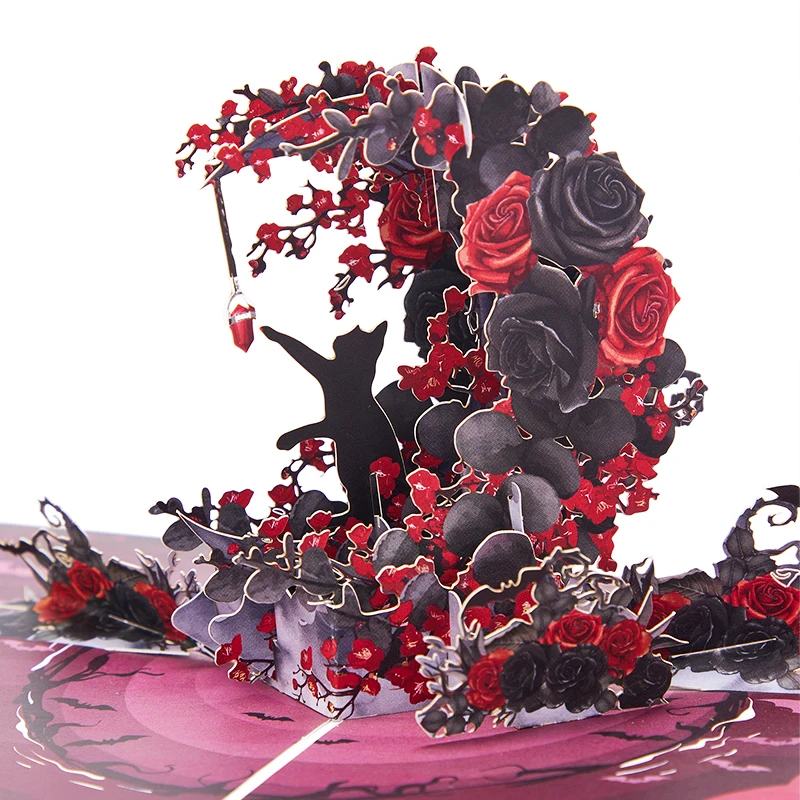 Exquisite Crescent-Shaped 3D Pop-Up Greeting Card – Elegant Black & Red Rose with Cat Design, Creative Birthday Gifts, Unique Handmade Card for Friends, Family, Lovers & Special Celebrations